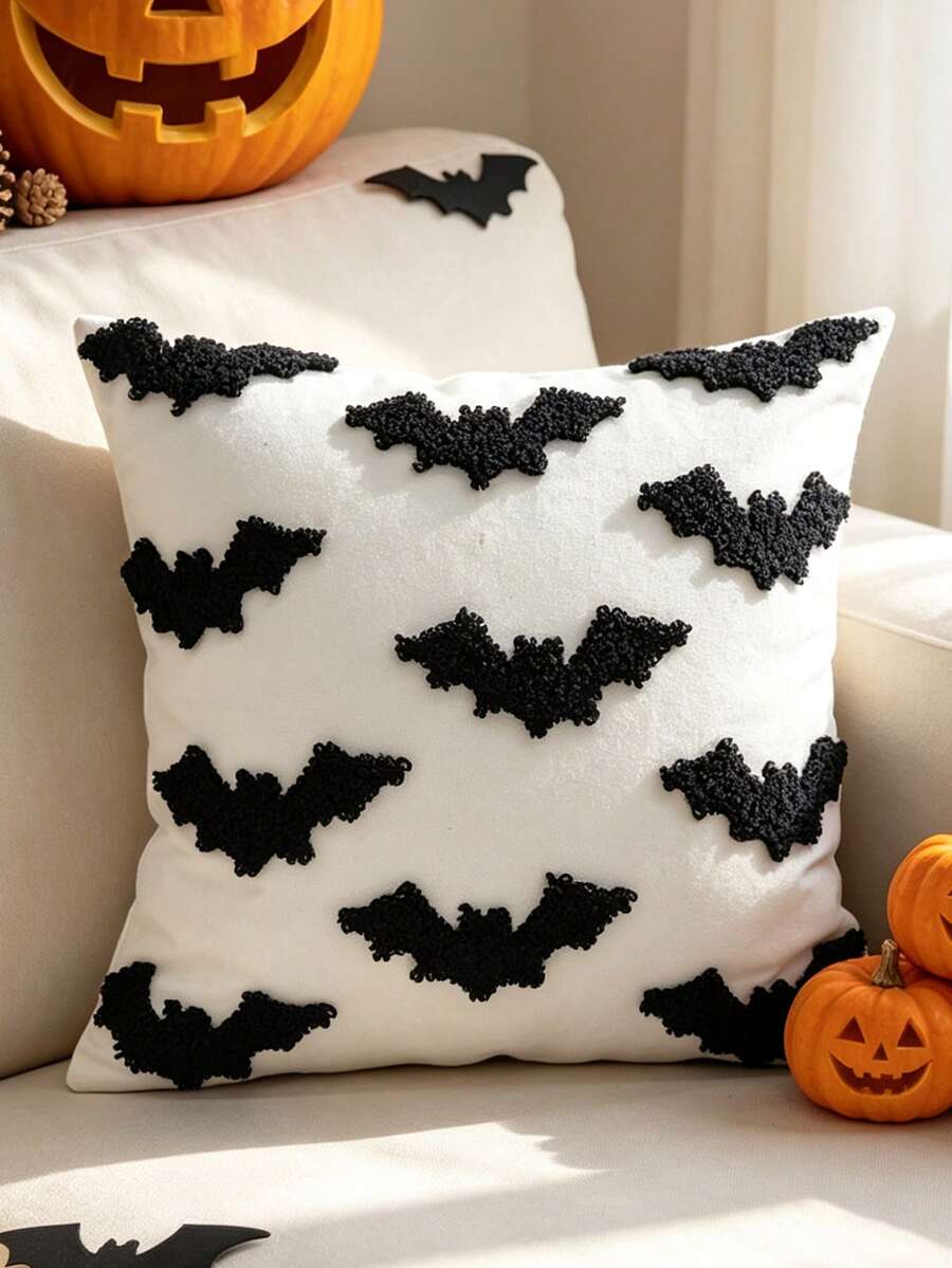 1pc Halloween Bat Pillowcase, Atmospheric Living Room Sofa Cushion, Bed Headboard Decorative Pillow, Halloween Party Atmosphere, Without Inner Cushion, Hidden Zipper Design, Machine Washable - Black - View 1