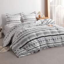 3 Pieces Geometric Printed Duvet Cover Set, 100% Brushed Microfiber Striped Reversible Design Comforter Cover - Grey - View 6