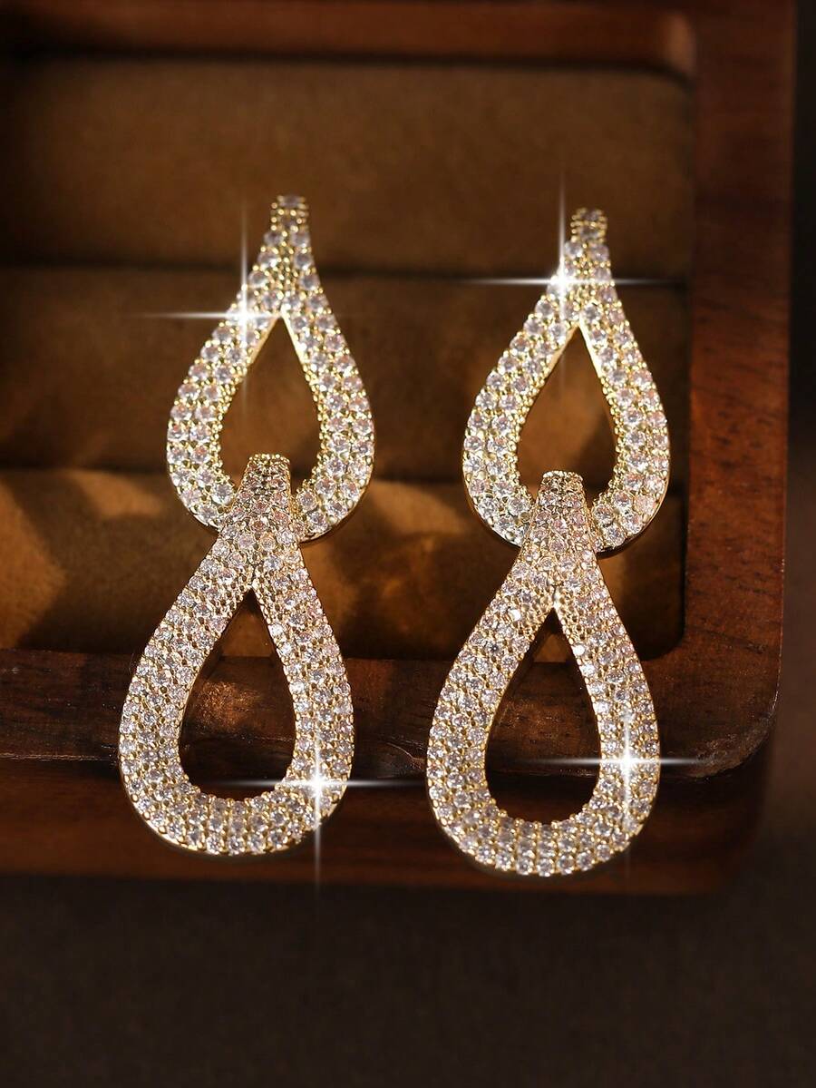 1pair Glamorous Water Drop Cubic Zirconia Gourd Design Wedding Earrings For Women's Daily Wear,Gift For Friends,Party And Ball - Yellow Gold - View 1