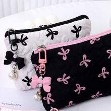 Cute Bow & Heart Pattern Wrist Makeup Bag, Large Capacity Cosmetic Storage Travel Makeup Bag, Elegant Gold Hardware (Black/White/Pink), Perfect Gift - Multicolor - View 7