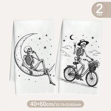 MEMNUN 2件裝哥德風復古素描骷髏新月躺臥骷髏騎單車印花廚房抹布洗碗布 40*60cm/45*70cm 超柔軟微纖維現代洗碗布手巾 家居裝飾廚房裝飾烹飪烘焙茶巾手巾廚房配件 可機洗清潔用品 適合餐廳廚房萬聖節節日裝飾與禮物四季通用 - 彩色 - 查看 3