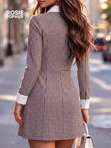 ROSIE POPHUB Women's Plaid Elegant Mini Dress, Fake Two-Piece Side Button Slim Preppy Skirt Dress For Back To School, Teacher Commute Fall & Winter - Grey - View 6