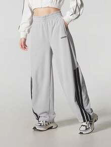 Adidas New Women's Casual Knitted Three-Striped Loose Straight Leg Sports Pants - Grey - View 7