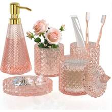 5-Piece Pink Glass Bathroom Accessories Set - Soap Dispenser, Toothbrush Holder, Tumbler, Soap Dish & Cotton Swab Holder, Vintage Cute Bathroom Decor & Organization, Back To School Dorm Essentials, Ideal Gift - 粉色 - 查看 11