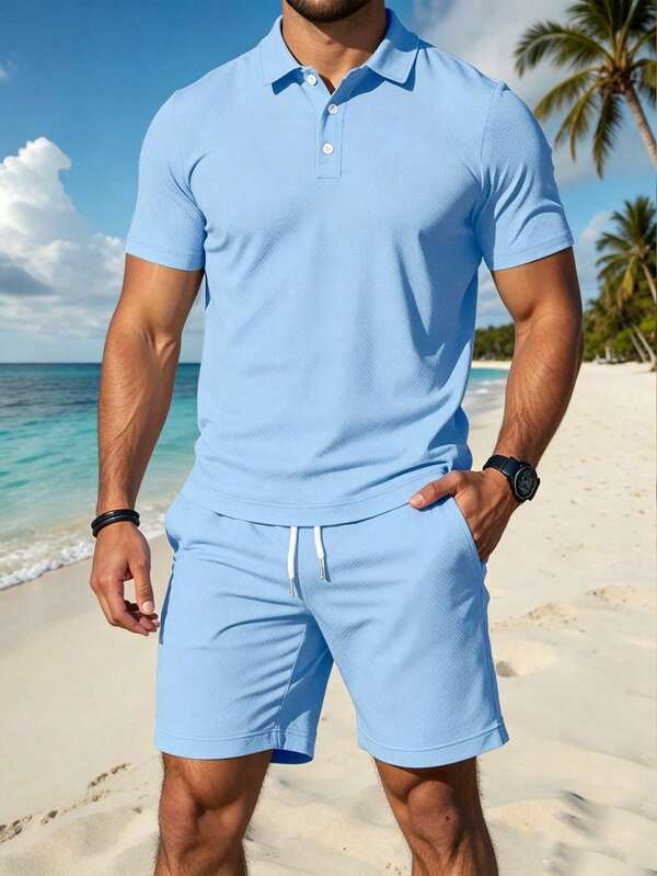 Conjunto de camiseta polo de manga corta con bloques de color y pantalones cortos con cordón para hombre, conjunto de camiseta & pantalones cortos para viajes de verano al aire libre, negocios casual y deportes