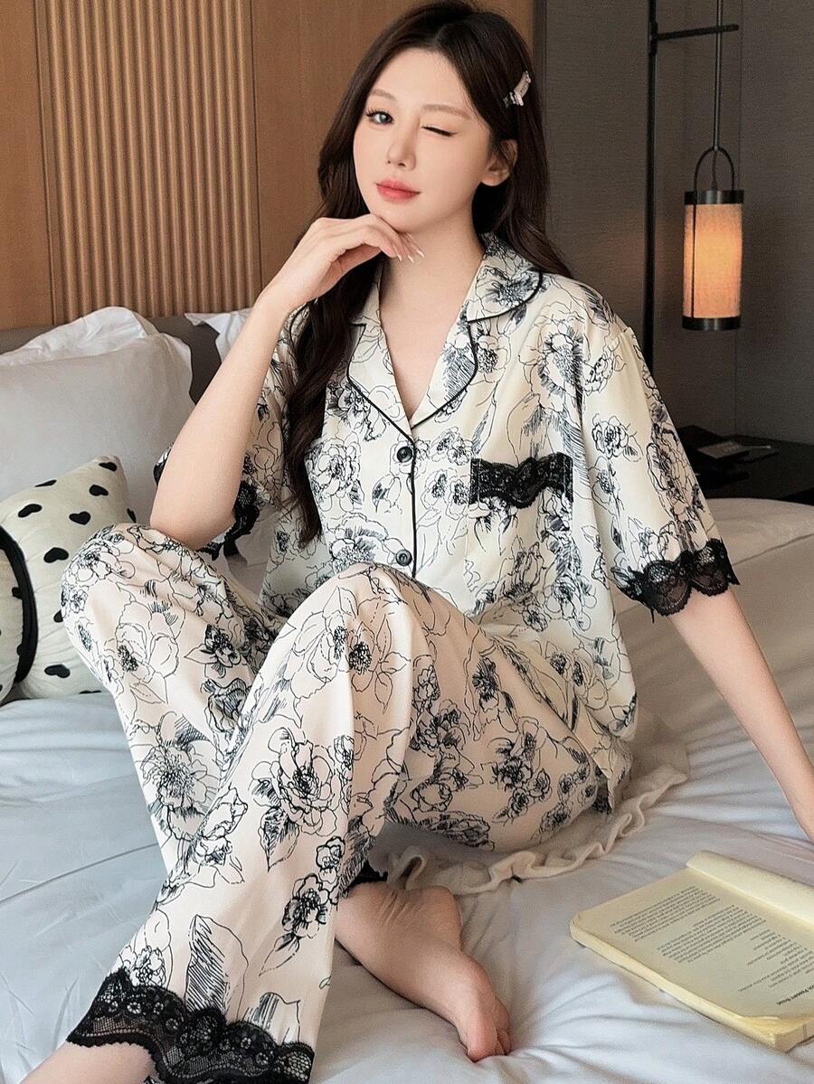 Pure Slumber 2pcs/Set Women Lace Trim Pajamas - Contrast Color Short Sleeve Top & Long Pants Set, Casual & Comfortable, All Season,Two Pieces Set - Black and White - View 1