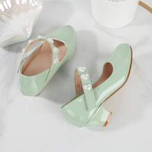 1 Pair Girls' Mary Jane Chunky Heel Shoes, Hook & Loop Closure Heart Decor Solid Color Casual Dance Shoes - Mint Green - View 5