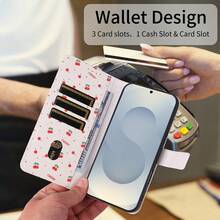 1pc Cherry Pattern Flip Phone Case Wallet Card Slot Protective Cover, Faux Leather, Compatible With Apple, Painted Phone Protective Shell (Global Version Models, Not Local Models) - Red - View 3