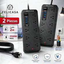 F Felicasa 2 Piezas Multicontactos Usb 2500w Cable De Cobre De 2 Metros Con 8 Salidas+3 Usb+1 Tipo C 10a 110v-220v Cable Para Extensiones Electrica Extension Uso Rudo Resistente Al Fuego Color Negro - Tipo de Enchufe B USA (110-127V) - Ver 2