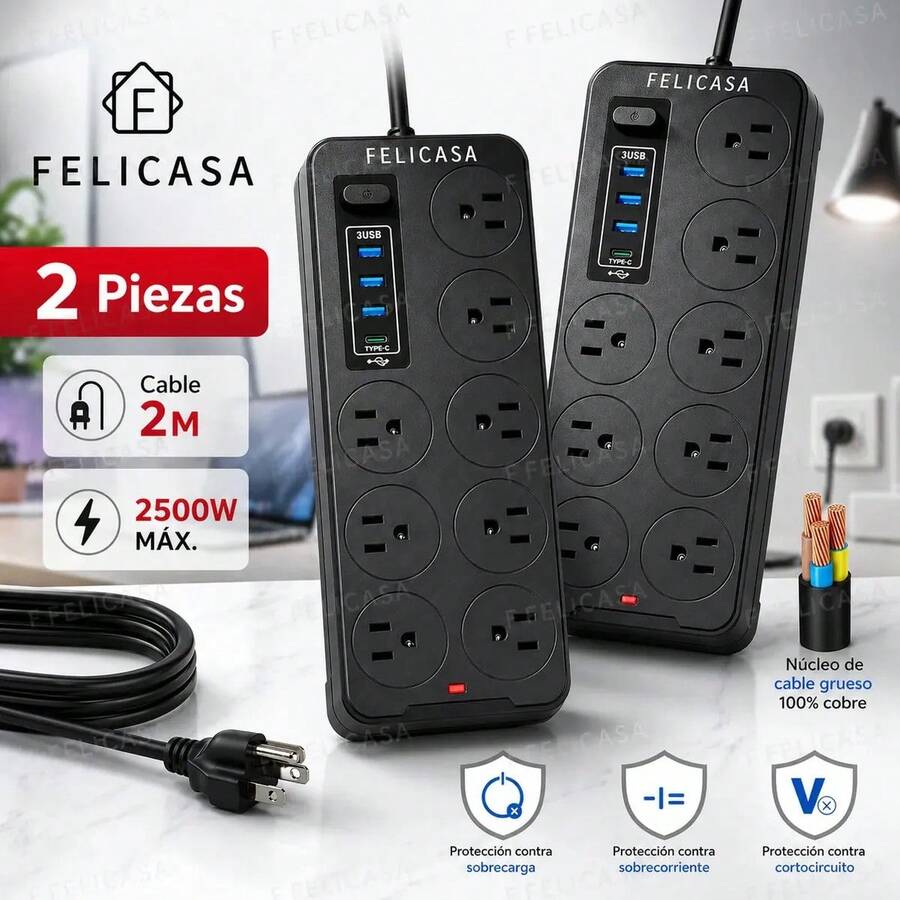 F Felicasa 2 Piezas Multicontactos Usb 2500w Cable De Cobre De 2 Metros Con 8 Salidas+3 Usb+1 Tipo C 10a 110v-220v Cable Para Extensiones Electrica Extension Uso Rudo Resistente Al Fuego Color Negro