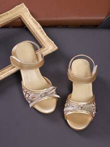 1 Pair Gold Mesh Sequin Chunky Heel Sandals, Suitable For European And American Young Girls, Elegant High Heel Sandals, Perfect For Summer Daily Outings - Gold - View 5