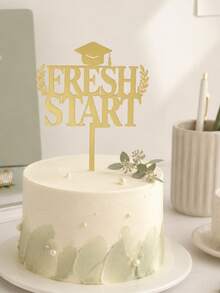 3件組奢華金色反光學術蛋糕裝飾，顯眼「Fresh Start」字體設計，飾有學士帽與雙桂冠枝，鏡面光澤，適合學校里程碑慶祝甜點擺盤佈局 - E - 查看 2