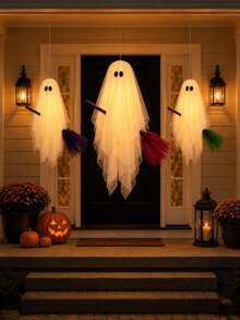 3pcs Halloween Outdoor Decor, Broom Riding Ghost Hanging Ornament With Built-In Warm Light, Flying Ghost Home Decoration, Floating Gauze Ghost, Suitable For Trees, Porch, Yard, Patio And Indoor Halloween Decor - Multicolor - View 7