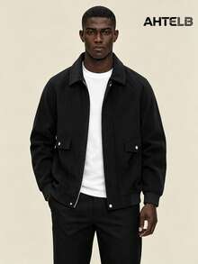 AHTELB Men's Spring/Autumn Minimalist Japanese Style Jacket, Solid Color Corduroy Collar Workwear Coat, Loose Casual Fashion Street Sports Style - Black - View 1