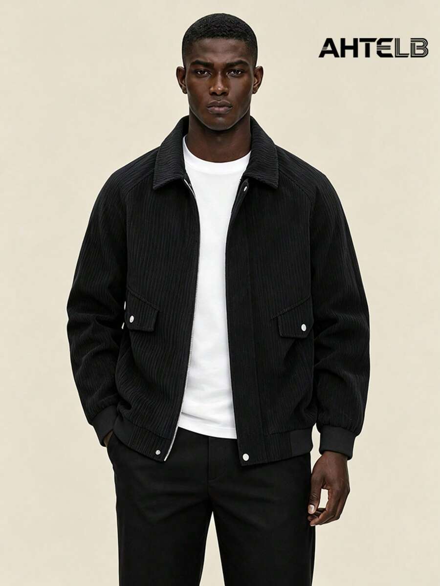 AHTELB Men's Spring/Autumn Minimalist Japanese Style Jacket, Solid Color Corduroy Collar Workwear Coat, Loose Casual Fashion Street Sports Style - Black - View 1