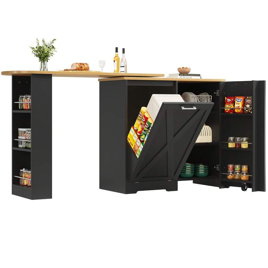 360° Rotating Kitchen Island, Multifunctional Storage Cabinet With Folding Doors And Side Shelves, Extendable Console Table For Kitchen, Dining Room And Living Room - Black - View 1