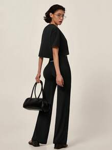TimeOff Women's One Set Autumn/Winter Solid Color Round Neck Loose Short T-Shirt & Wide Leg Long Pants Sports Outfit - Black - View 3