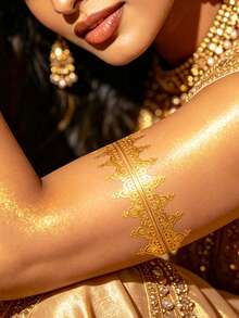 4pcs Gold Metallic Temporary Tattoo Stickers, Bohemian Style Element Stickers, Metallic Glossy Texture, Waterproof Long-Lasting Temporary Tattoo Stickers For Festivals, Daily Body Decoration - Gold - View 3