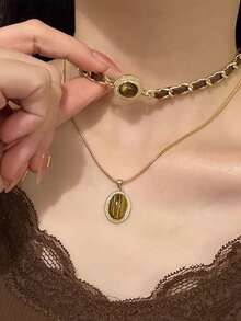 2pcs Vintage Malachite Heart & Tiger Eye Tassel Necklace, Minimalist Sweater Chain Jewelry For Women - Multicolor - View 3