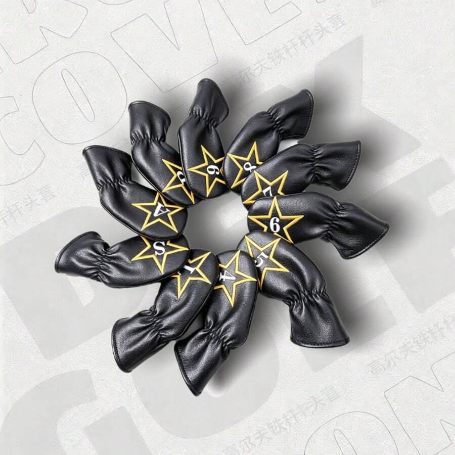 Black & Gold Pentagram Golf Iron Covers 10pcs Full Set, Star Number Embroidery Elastic Closure, Wear-Resistant PU Leather Full Number Iron Anti-Collision Protective Covers - Black - View 1