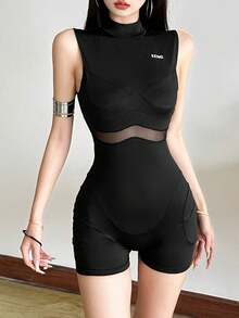 Top Dazzle Women's Sleeveless High Neck Unitard With Contrast Mesh, Short Polyester Bodycon Jumpsuit, Slight Stretch Semi-Sheer Performance Romper - Black - View 2