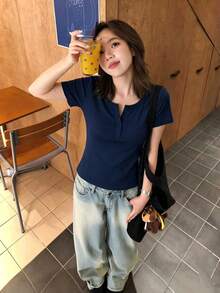 女款純色圓領修身顯瘦彈性輕盈舒適白色微透短袖正肩百搭T恤上衣 夏季 - 藏青色 - 查看 5