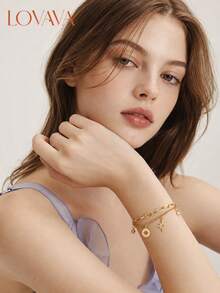 18K Gold Vacuum Plated Stainless Steel Double Layer Star Pendant Bracelet For Women, European And American Luxury Style, Oval Chain Round Charm Vintage Rhinestone Hand Jewelry, Suitable For Daily Commute, Party, Vacation, Gift - Gold - View 6