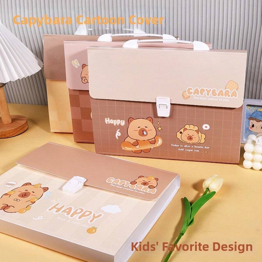 4 Estilos Carpeta de Archivo Acordeón Portátil con Diseño de Capibara Lindo para Niños, Organizador de Almacenamiento de Hojas de Examen Multicapa con Etiqueta de Color Aleatorio, Primer Día de Escuela - Multicolor - Ver 1