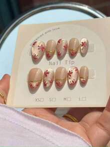 24pcs Handmade Reusable Full Coverage Nail Tips, Elegant Short Almond Shape Glossy Finish, Hand-Painted Pink Rose Red Floral With Shiny 3D Gold Outline Design, Natural Skin Tone Glossy Press-On Nails, Perfect Fit, Suitable For Women's Commuting And Daily Wear - Multicolor - View 1