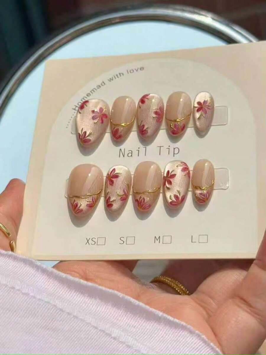 24pcs Handmade Reusable Full Coverage Nail Tips, Elegant Short Almond Shape Glossy Finish, Hand-Painted Pink Rose Red Floral With Shiny 3D Gold Outline Design, Natural Skin Tone Glossy Press-On Nails, Perfect Fit, Suitable For Women's Commuting And Daily Wear - Multicolor - View 1