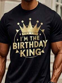 Birthday Crown Print T-Shirts Presents For Men Suitable For All Seasons Unisex Round Neck Tops - Black - View 1