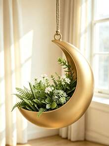 1/2pcs 3D Printed Luxury Metallic Gold Crescent Moon Hanging Planter, Hemp Rope Suspended Air Planter, Suitable For Succulents, Baby's Breath, Hydrangea Artificial Flowers, Bedroom Balcony Wall Star Moon Style Soft Decoration Flower Pot - Crescent Moon - View 9