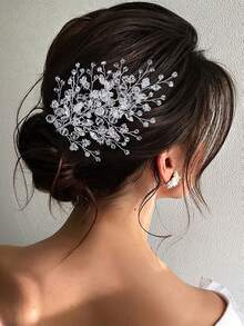 1pc Silver Bridal Headpiece, Crystal Rhinestone Vintage Leaf Design Hair Accessory, Pearl Hair Clip Decor, Festival Gift - Silver - View 9