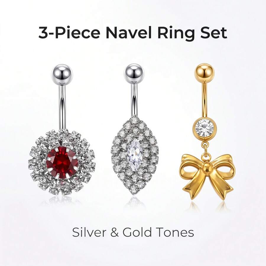 3Pcs Assorted Inlaid Rhinestone Belly Button Rings, Screw Ball Dangle Navel Piercing Jewelry Set For Women - 3-piece Set - View 1
