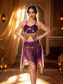 2pcs Belly Dance Costume Set Sequin Coin Tassel Halter Top + Sequin Coin Tassel Skirt, Flamenco Outfit, Suitable For Halloween, Carnival, Holiday, Rave, Festival, Stage Performance, Birthday Party, Dinner, Nightclub, Night Wear, Performance Dress - Multicolor - View 5