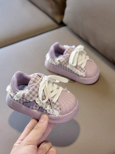 1 Pair Girls Toddler Plaid Lace Trim Shell Toe Cap Sneakers, Toddler Walking Shoes, Fabric Bow Shoelaces, Soft Thick Non-Slip Sole, Sweet Casual Pastoral Style Canvas Shoes