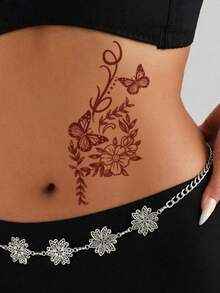 1 Sheet Burgundy Fine Line Curved Vine Butterfly Floral Side Waist Vertical Temporary Tattoo Sticker, Waterproof Long-Lasting Bloom Fake Tattoo, Body Art Decal For Hip Calf Rib Side Upper Arm - Red - View 3