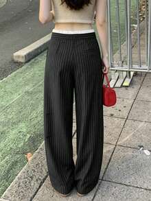 Spring/Autumn Vintage Niche Patchwork High Waist Tie-Up Versatile Slimming Striped Casual Wide Leg Long Pants - Dark Grey - View 2