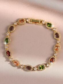 1pc Exquisite Chain Bracelet With Inlaid Oval Multi-Colored Cubic Zirconia, Elegance Jewelry For Bridal Wedding, Birthday Gift, Party & Daily Wear - Multicolor - View 9