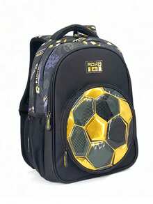 Teenager Fashion Soccer Design Backpack Made Of High-Quality Nylon, More Durable And Wear-Resistant, Thick Padded Back For Softness, Breathability And Comfort, Cute Cartoon Pattern, Very Attractive, Perfect Gift For Holidays And Birthdays, Suitable For School, Picnic, Travel And Camping - Black Gold - View 5