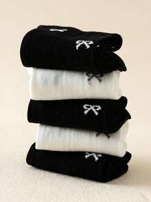5 paires de chaussettes mi-mollet pour femmes, chaussettes douces et confortables pour étudiantes, style japonais mignon, convient pour le port quotidien - Noir et Blanc - Voir 3