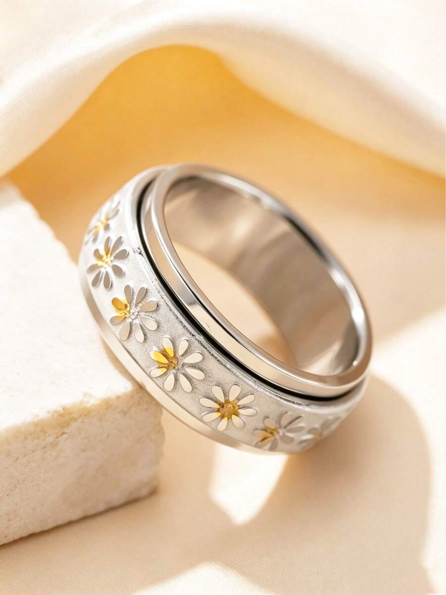1 件不锈钢雏菊花旋转戒指,减压设计,适合男女,日常佩戴,情人节礼物 - 銀色 - 查看 1