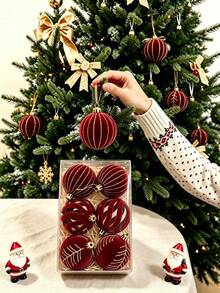 6pcs Burgundy Christmas Tree Hanging Ornaments, Merry Christmas Decorations, Glitter Gold Pattern Burgundy Christmas Ball Decor, Christmas Ball, Christmas Hanging Ornaments, Home Christmas Decor, Christmas Decoration, Christmas Holiday Decor, Christmas Gift, Christmas Tree Decoration, Christmas Party Supplies - Red Gold Thread - View 4