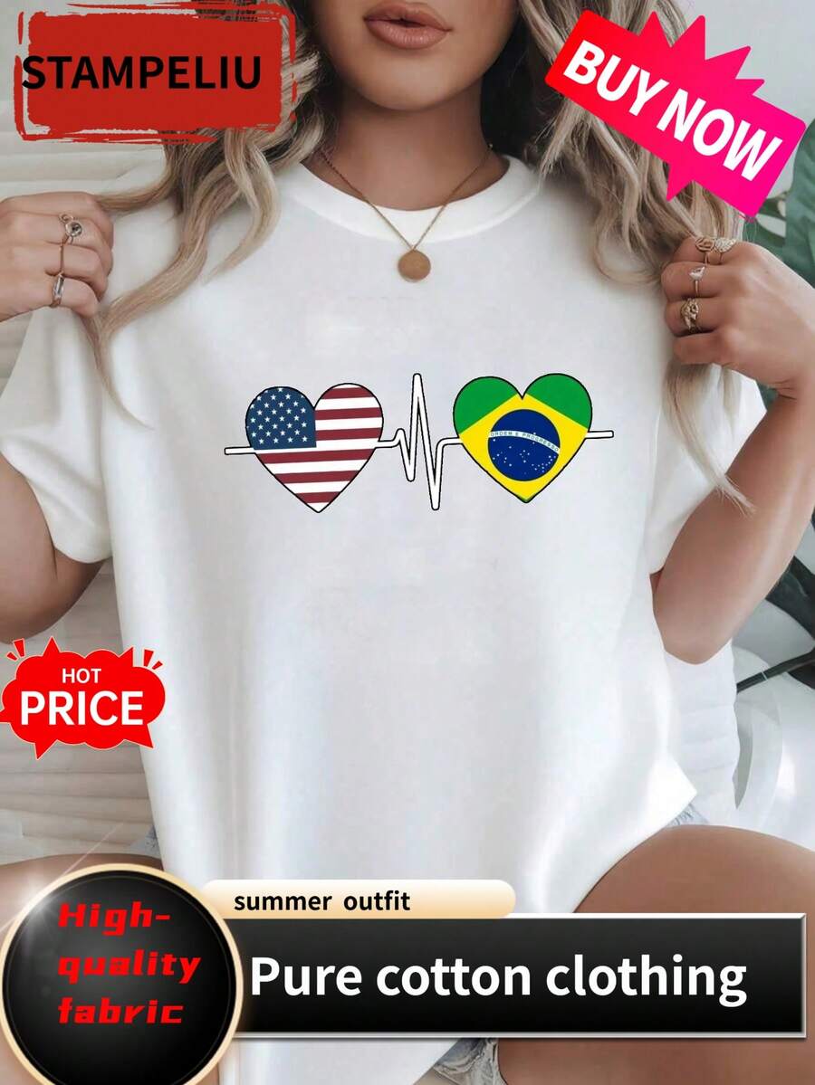 Women's Black T-Shirt With USA And Brazil Heartbeat Design - Casual Short Sleeve Tee For Summer And Spring - Perfect For Sports Fans And Patriotic Eve - White - View 1