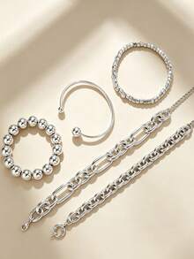 5pcs/Set Punk Style Round Bead & Square Link CCB Silver Bracelet Set, Suitable For Women, All Seasons, Daily, Commute, Date, Vacation, Layering, Gift - Silver - View 5