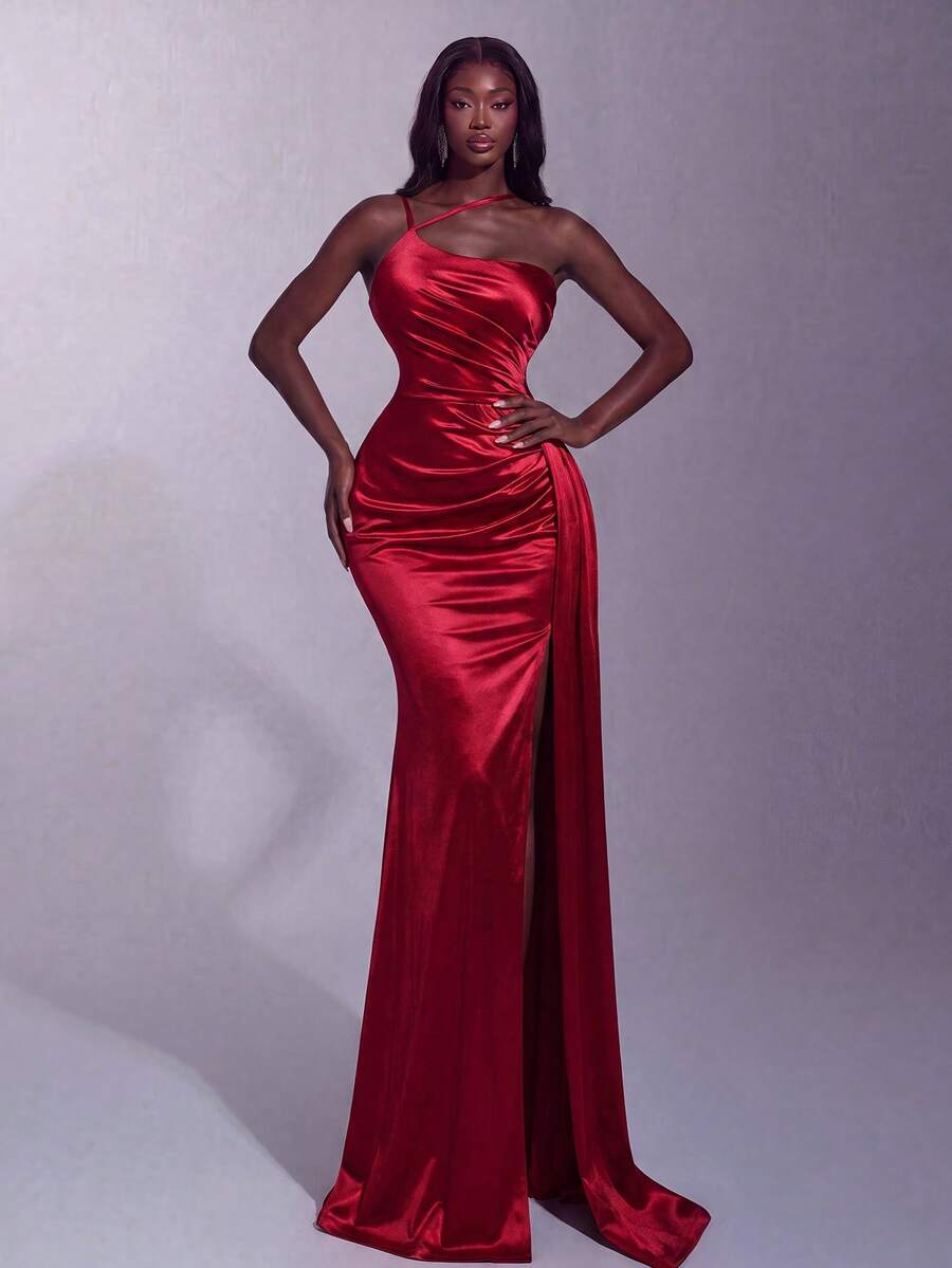 Vestido largo formal elegante, con cuello asimétrico, decoración de volantes, diseño de abertura alta, adecuado para fiestas, banquetes, bodas, bailes de graduación y otras ocasiones formales de primavera - Burdeos - Ver 1