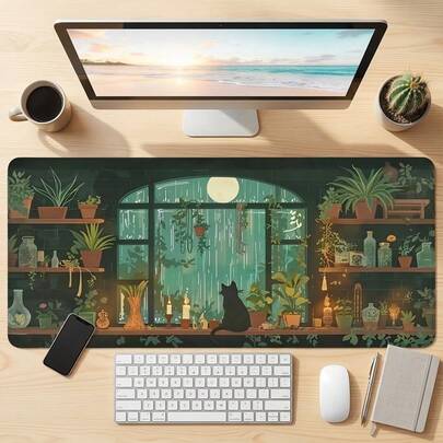 Large Black Cat Moon Garden Plant Desk Mat, Non-Slip Rubber Mouse Pad, Artistic Design, Durable Smooth Surface, Suitable For Office, Gaming, Remote Work, Cat & Plant Lover Gift, Gaming Mouse Pad, Desktop Accessory, Office Supplies