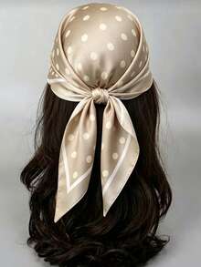 1pc Square Silk Scarf, Women's Satin Printed Headband, Headwrap Ladies Neckerchief, Shawl, Scarf, Headscarf, Dress Accessory - Khaki Polka Dots - View 1