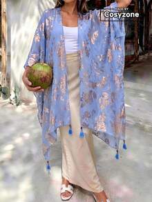 1pc Elegant Versatile Floral Pattern Gold Foil Print Linen Pendant Shawl, Women's Spring/Summer Fashion Outerwear, Vacation Travel Sun Protection Decorative Cardigan Shawl, Suitable For Daily Matching, Perfect Gift Choice - Sky Blue - View 1