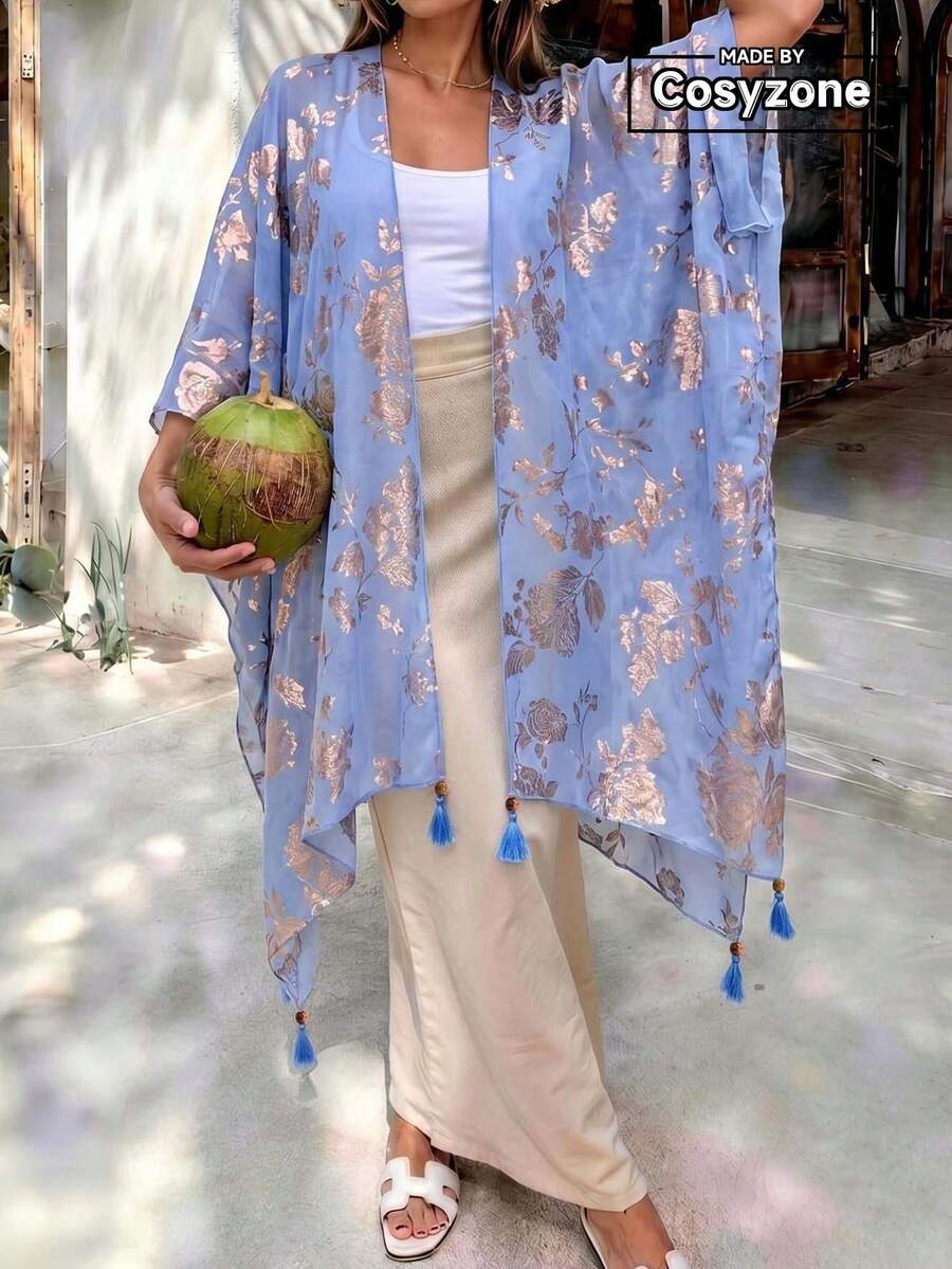 1pc Elegant Versatile Floral Pattern Gold Foil Print Linen Pendant Shawl, Women's Spring/Summer Fashion Outerwear, Vacation Travel Sun Protection Decorative Cardigan Shawl, Suitable For Daily Matching, Perfect Gift Choice - Sky Blue - View 1